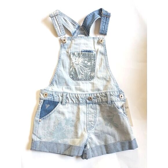 New! GUESS Girls' Denim Overall Shorts Jean Shortalls Floral Print Light Blue - Picture 2 of 3